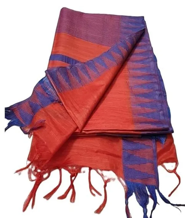 Red_Semi_Tussar_Silk_Temple_Border_Saree_With_Stripe_Blouse_Attached,_Color_&_Variations._For_Women