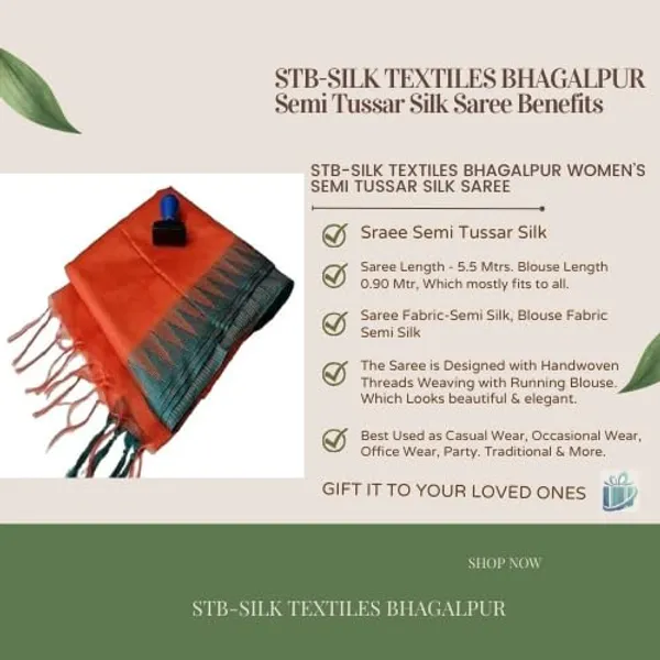 Orange_Semi_Tussar_Silk_Temple_Border_Saree_With_Stripe_Blouse_Attached,_Color_&_Variations._For_Women