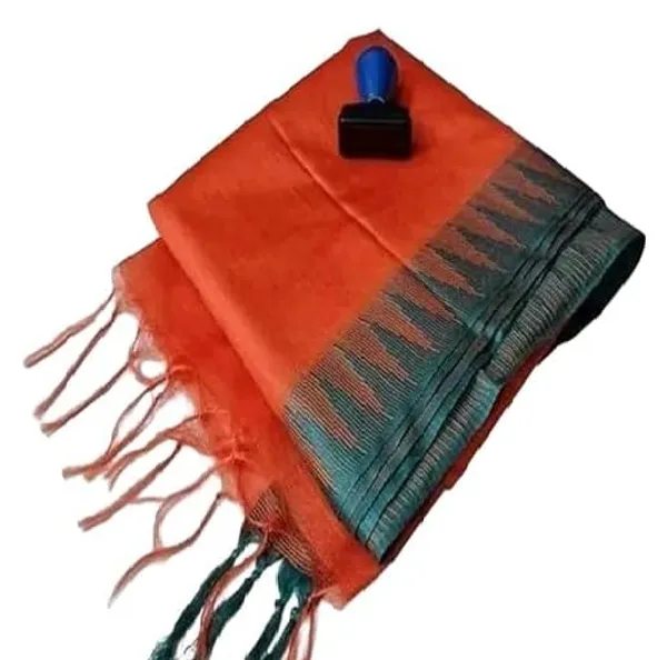 Orange_Semi_Tussar_Silk_Temple_Border_Saree_With_Stripe_Blouse_Attached,_Color_&_Variations._For_Women