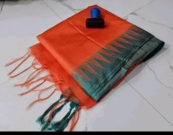 Orange_Semi_Tussar_Silk_Temple_Border_Saree_With_Stripe_Blouse_Attached,_Color_&_Variations._For_Women