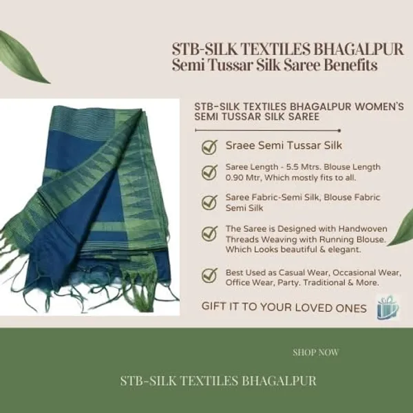 Blue_Semi_Tussar_Silk_Temple_Border_Saree_With_Stripe_Blouse_Attached,_Color_&_Variations._For_Women