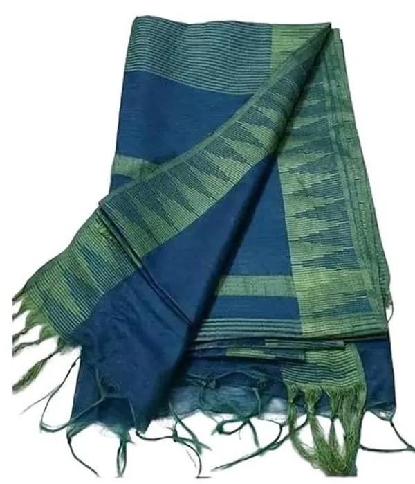 Blue_Semi_Tussar_Silk_Temple_Border_Saree_With_Stripe_Blouse_Attached,_Color_&_Variations._For_Women