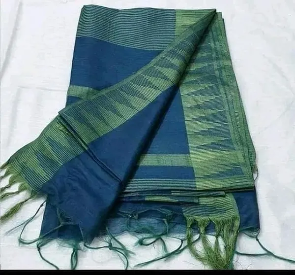 Blue_Semi_Tussar_Silk_Temple_Border_Saree_With_Stripe_Blouse_Attached,_Color_&_Variations._For_Women