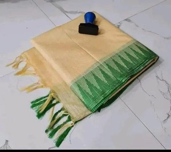 Cream_Semi_Tussar_Silk_Temple_Border_Saree_With_Stripe_Blouse_Attached,_Color_&_Variations._For_Women