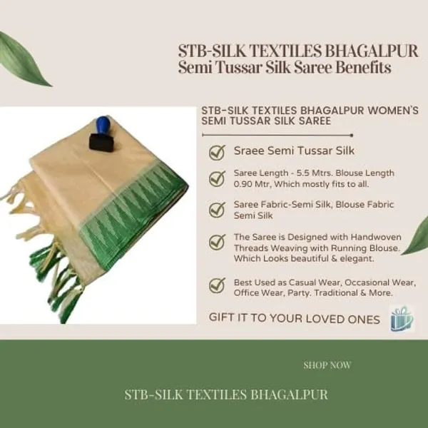 Cream_Semi_Tussar_Silk_Temple_Border_Saree_With_Stripe_Blouse_Attached,_Color_&_Variations._For_Women