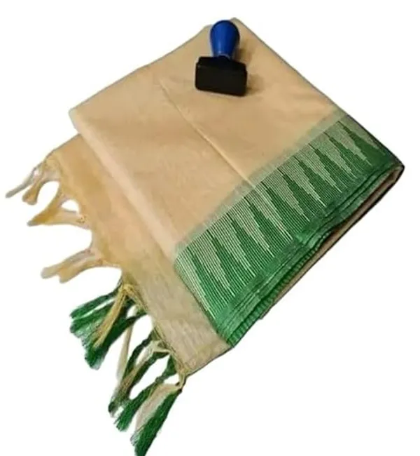 Cream_Semi_Tussar_Silk_Temple_Border_Saree_With_Stripe_Blouse_Attached,_Color_&_Variations._For_Women