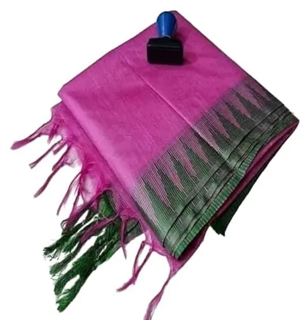 Pink_Semi_Tussar_Silk_Temple_Border_Saree_With_Stripe_Blouse_Attached,_Color_&_Variations._For_Women