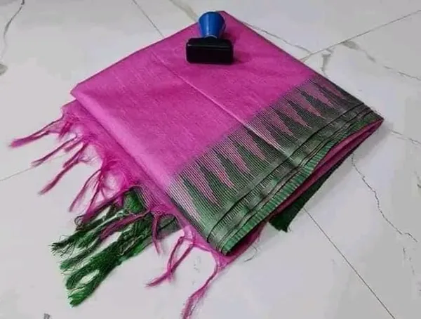 Pink_Semi_Tussar_Silk_Temple_Border_Saree_With_Stripe_Blouse_Attached,_Color_&_Variations._For_Women