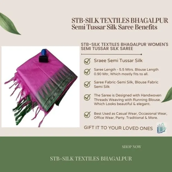 Pink_Semi_Tussar_Silk_Temple_Border_Saree_With_Stripe_Blouse_Attached,_Color_&_Variations._For_Women