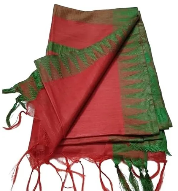 Red_Semi_Tussar_Silk_Temple_Border_Saree_With_Stripe_Blouse_Attached,_Color_&_Variations._For_Women