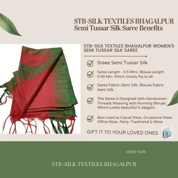 Red_Semi_Tussar_Silk_Temple_Border_Saree_With_Stripe_Blouse_Attached,_Color_&_Variations._For_Women