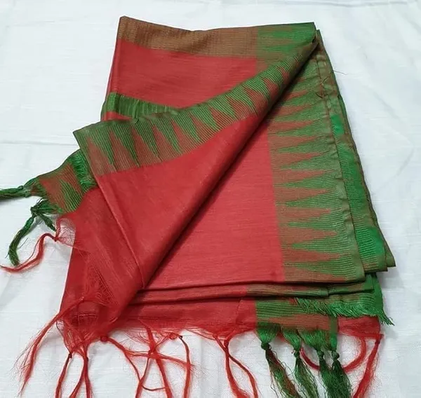 Red_Semi_Tussar_Silk_Temple_Border_Saree_With_Stripe_Blouse_Attached,_Color_&_Variations._For_Women