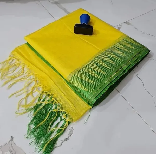 Yellow_Semi_Tussar_Silk_Temple_Border_Saree_With_Stripe_Blouse_Attached,_Color_&_Variations._For_Women