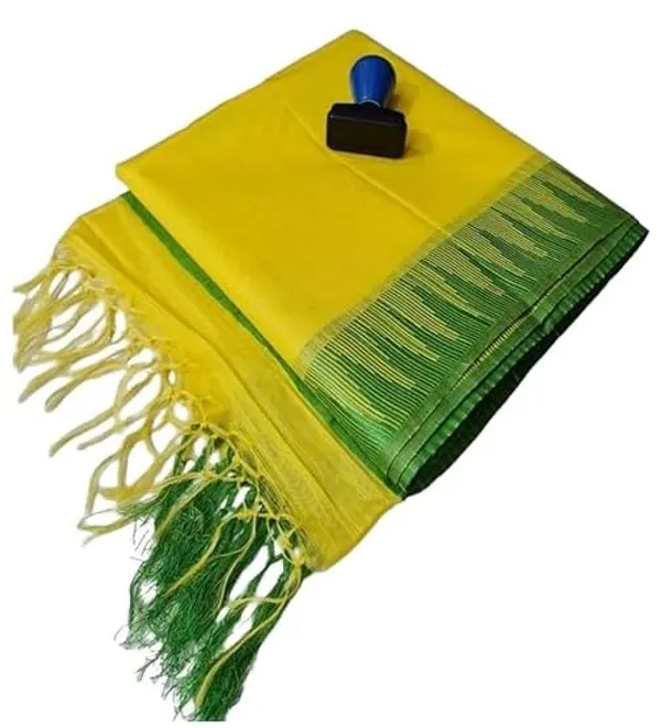 Yellow_Semi_Tussar_Silk_Temple_Border_Saree_With_Stripe_Blouse_Attached,_Color_&_Variations._For_Women