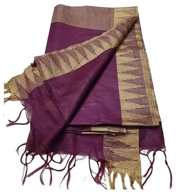 Megenta_Semi_Tussar_Silk_Temple_Border_Saree_With_Stripe_Blouse_Attached,_Color_&_Variations._For_Women