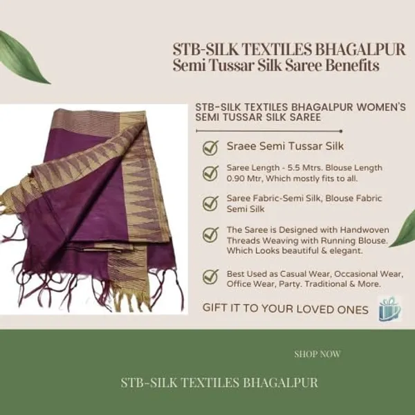 Megenta_Semi_Tussar_Silk_Temple_Border_Saree_With_Stripe_Blouse_Attached,_Color_&_Variations._For_Women