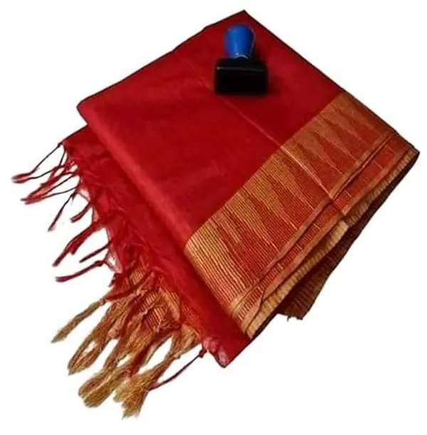 Red_Semi_Tussar_Silk_Temple_Border_Saree_With_Stripe_Blouse_Attached,_Color_&_Variations._For_Women