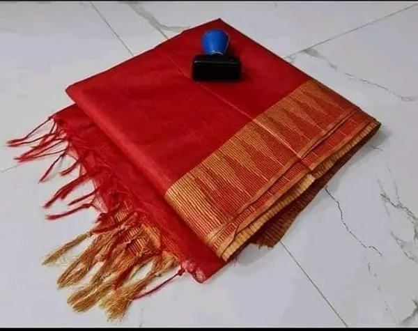 Red_Semi_Tussar_Silk_Temple_Border_Saree_With_Stripe_Blouse_Attached,_Color_&_Variations._For_Women