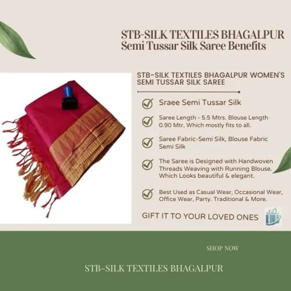 Red_Semi_Tussar_Silk_Temple_Border_Saree_With_Stripe_Blouse_Attached,_Color_&_Variations._For_Women