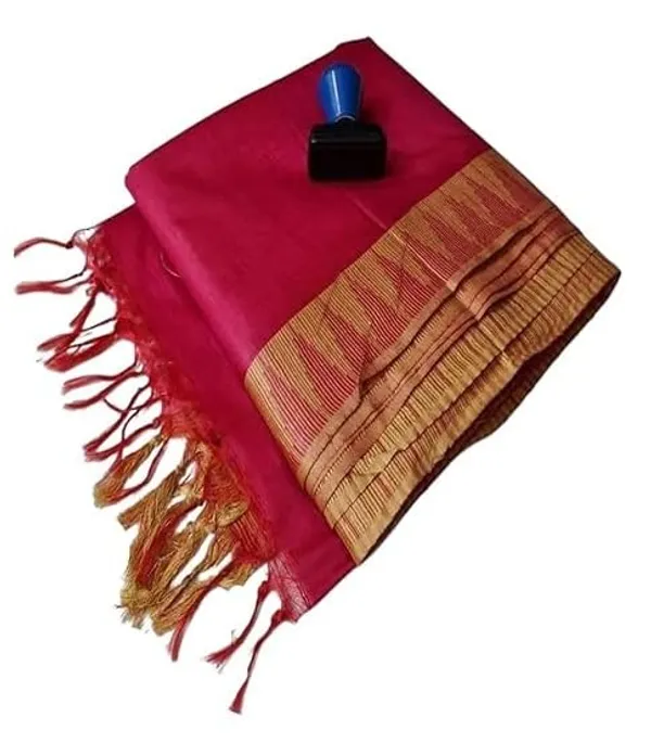 Rani_Pink_Semi_Tussar_Silk_Temple_Border_Saree_With_Stripe_Blouse_Attached,_Color_&_Variations._For_Women