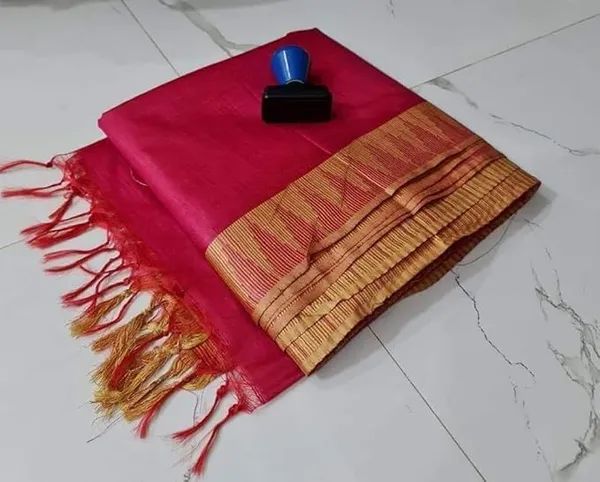 Rani_Pink_Semi_Tussar_Silk_Temple_Border_Saree_With_Stripe_Blouse_Attached,_Color_&_Variations._For_Women