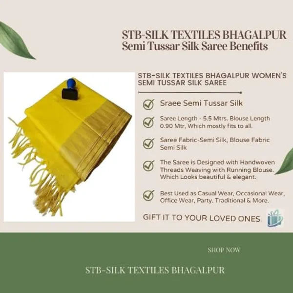 Yellow_Semi_Tussar_Silk_Temple_Border_Saree_With_Stripe_Blouse_Attached,_Color_&_Variations._For_Women