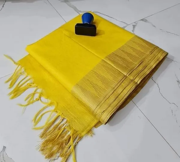 Yellow_Semi_Tussar_Silk_Temple_Border_Saree_With_Stripe_Blouse_Attached,_Color_&_Variations._For_Women