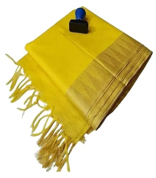 Yellow_Semi_Tussar_Silk_Temple_Border_Saree_With_Stripe_Blouse_Attached,_Color_&_Variations._For_Women