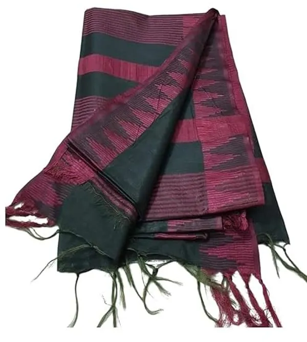 Black_Semi_Tussar_Silk_Temple_Border_Saree_With_Stripe_Blouse_Attached,_Color_&_Variations._For_Women