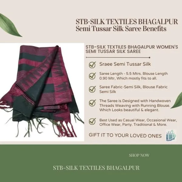 Black_Semi_Tussar_Silk_Temple_Border_Saree_With_Stripe_Blouse_Attached,_Color_&_Variations._For_Women