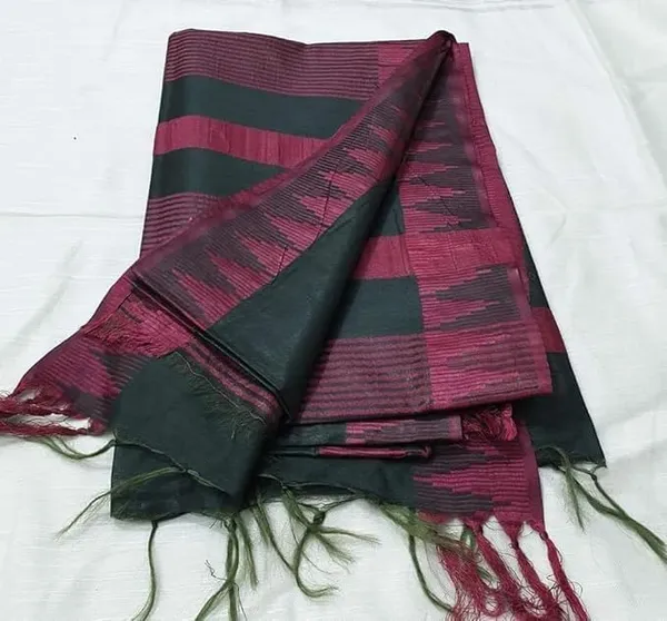 Black_Semi_Tussar_Silk_Temple_Border_Saree_With_Stripe_Blouse_Attached,_Color_&_Variations._For_Women