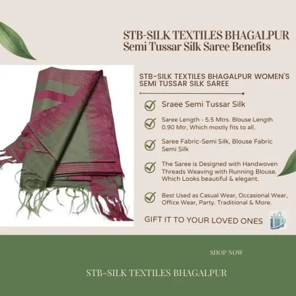 Olive_Semi_Tussar_Silk_Temple_Border_Saree_With_Stripe_Blouse_Attached,_Color_&_Variations._For_Women