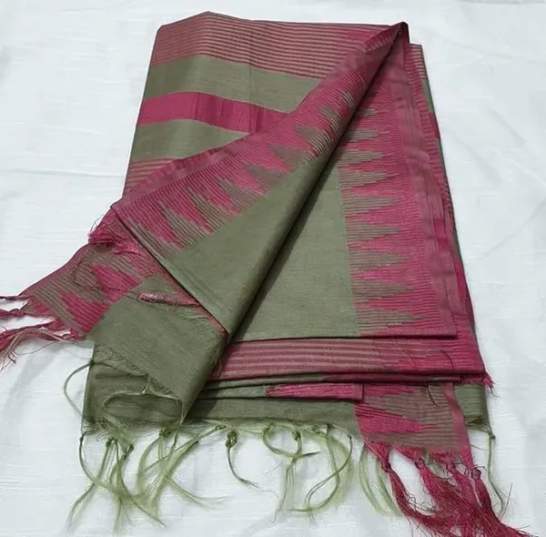 Olive_Semi_Tussar_Silk_Temple_Border_Saree_With_Stripe_Blouse_Attached,_Color_&_Variations._For_Women