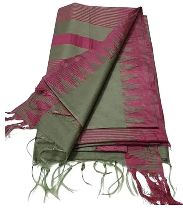 Olive_Semi_Tussar_Silk_Temple_Border_Saree_With_Stripe_Blouse_Attached,_Color_&_Variations._For_Women