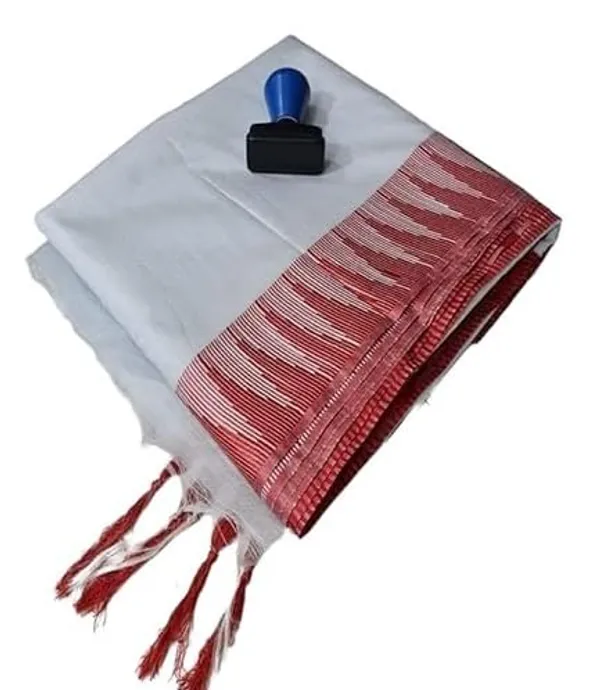 White_Semi_Tussar_Silk_Temple_Border_Saree_With_Stripe_Blouse_Attached,_Color_&_Variations._For_Women