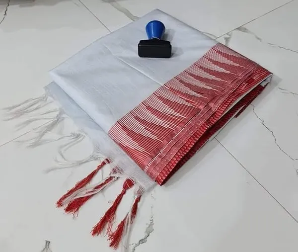 White_Semi_Tussar_Silk_Temple_Border_Saree_With_Stripe_Blouse_Attached,_Color_&_Variations._For_Women