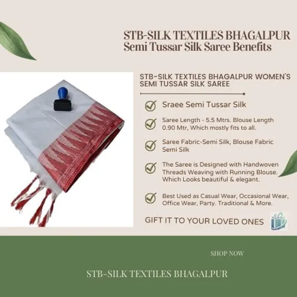 White_Semi_Tussar_Silk_Temple_Border_Saree_With_Stripe_Blouse_Attached,_Color_&_Variations._For_Women