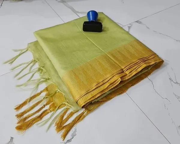 Yellow_Semi_Tussar_Silk_Temple_Border_Saree_With_Stripe_Blouse_Attached,_Color_&_Variations._For_Women