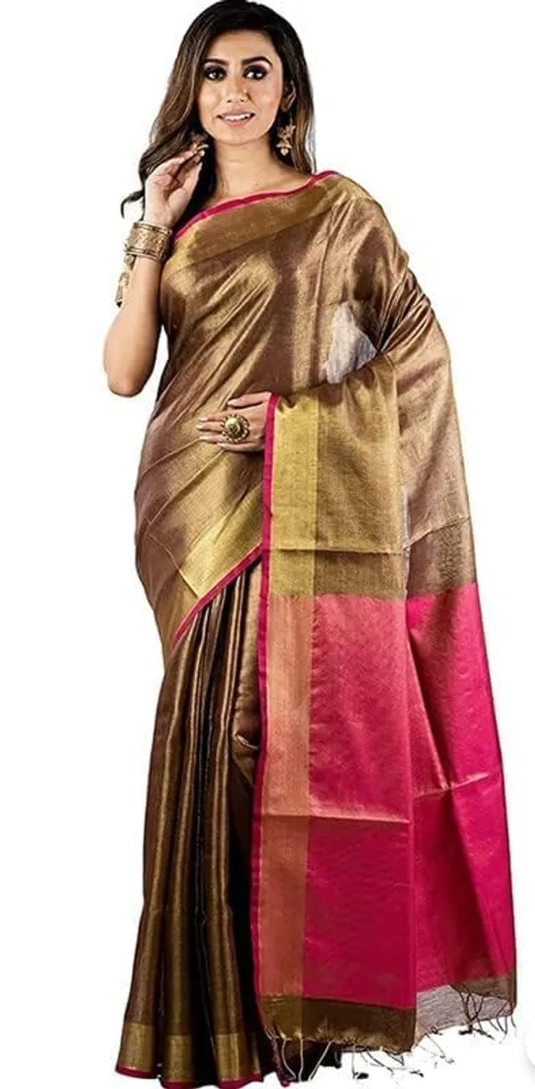 Brown_Tissue_Linen_Saree_Wih_Running_Contrast_Blouse_Piece_For_Women