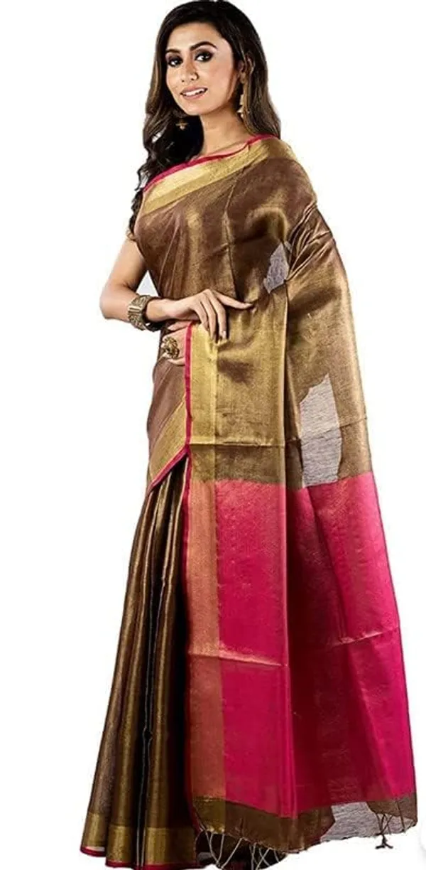 Brown_Tissue_Linen_Saree_Wih_Running_Contrast_Blouse_Piece_For_Women