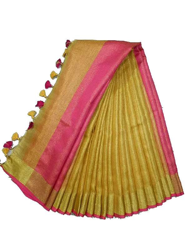 Yellow_Tissue_Linen_Saree_Wih_Running_Contrast_Blouse_Piece_For_Women