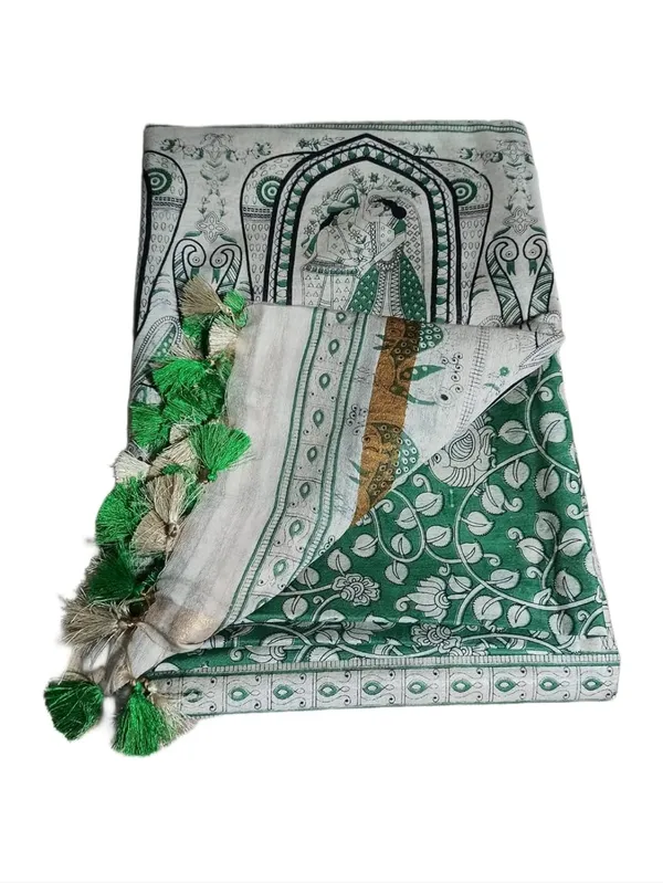 Green_Madhubani_Print_Semi_Tussar_Soft_Silk_Saree_With_Atteched_Blouse_Piece_For_Women