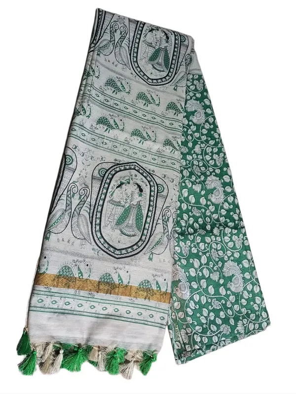 Green_Madhubani_Print_Semi_Tussar_Soft_Silk_Saree_With_Atteched_Blouse_Piece_For_Women