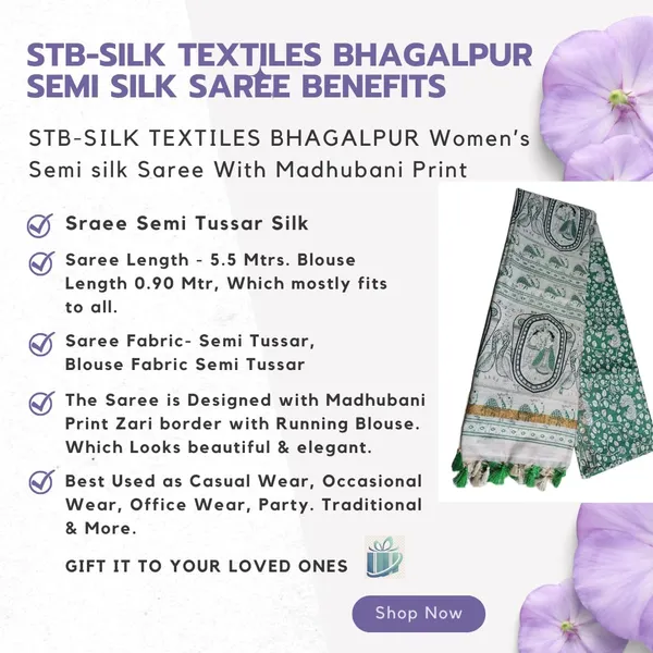 Green_Madhubani_Print_Semi_Tussar_Soft_Silk_Saree_With_Atteched_Blouse_Piece_For_Women