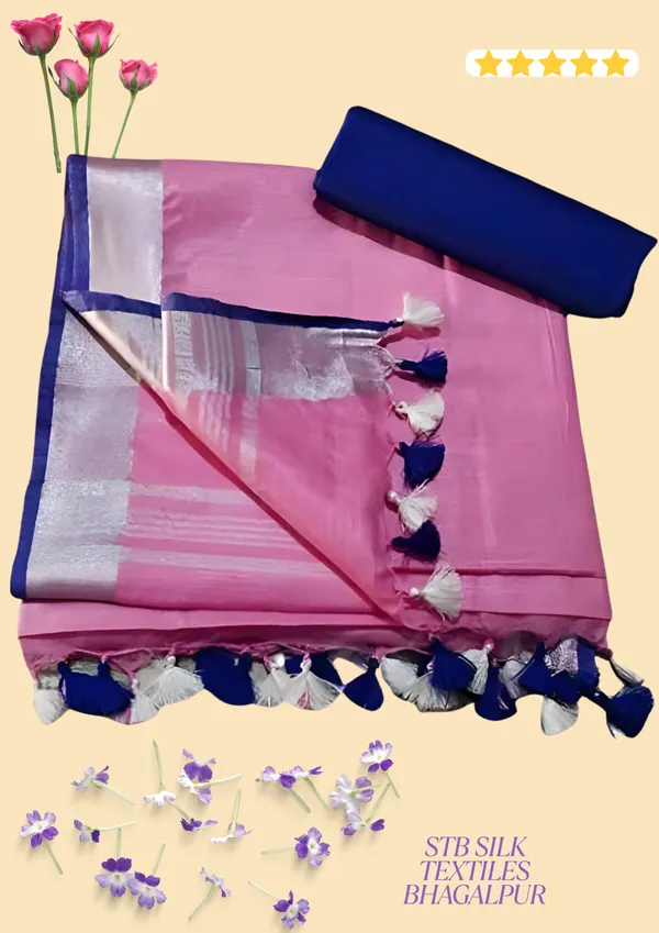 Pink_Linen_Slub_Saree_With_Contrast_Blouse_Piece_For_Women