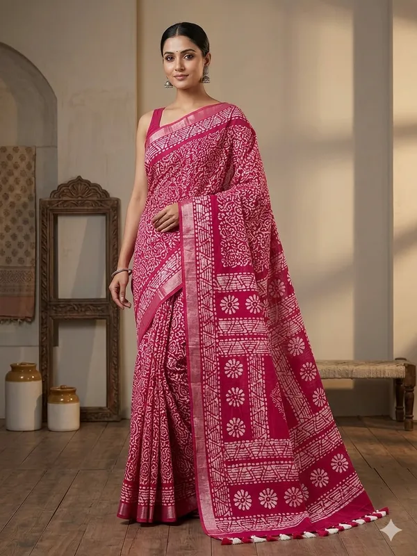 Pink_Batik_Print_Linen_Slub_Saree_With_Runnig_Blouse_Piece_For_Women