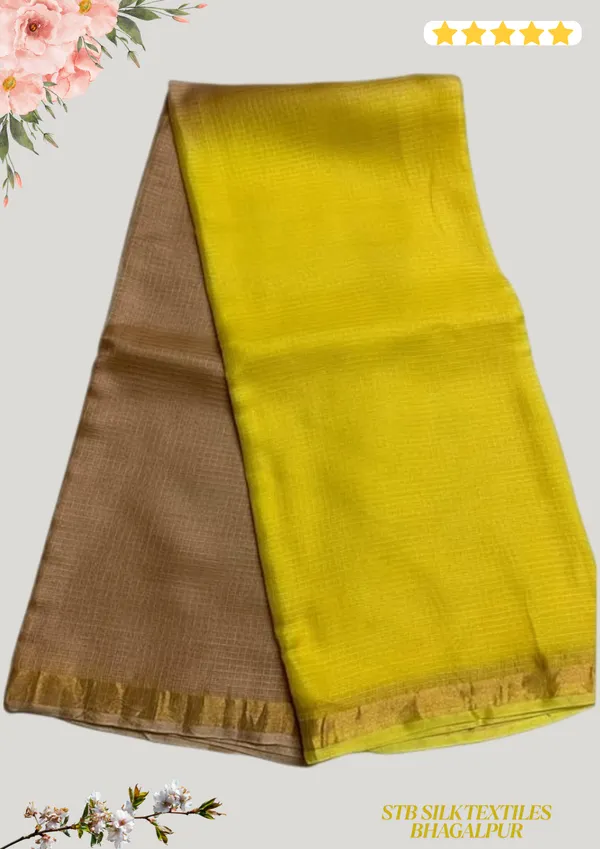 Brown_&_Yellow_Bhagalpuri_Pure_Kota_Doria_Silk_Saree_With_Small_Zari_Boder_And_Running_Blouse_Piece_For_Women
