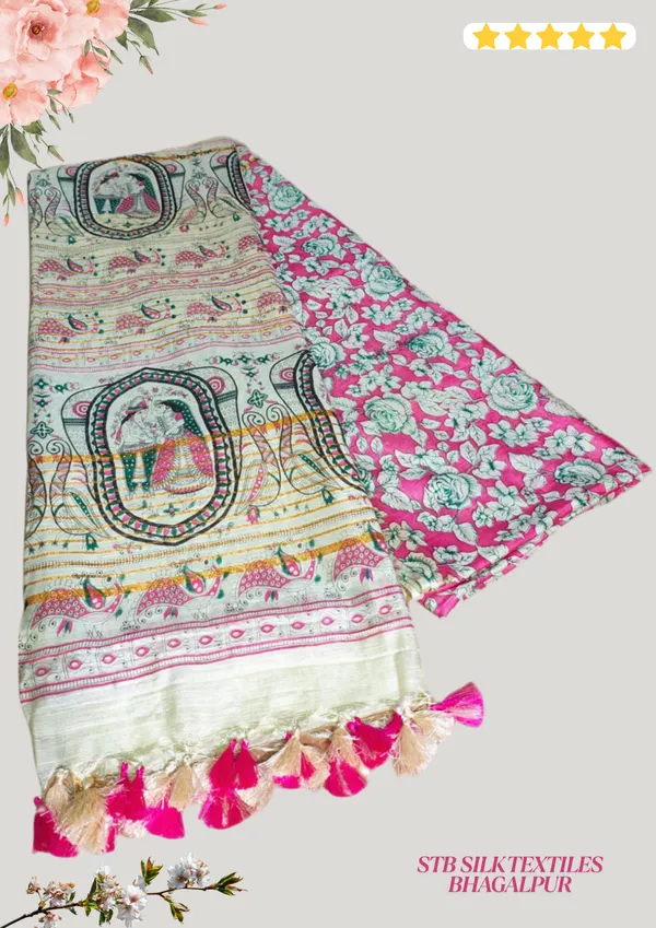 Pink_Green_Madhubani_Print_Semi_Tussar_Soft_Silk_Saree_With_Atteched_Blouse_Piece_For_Women