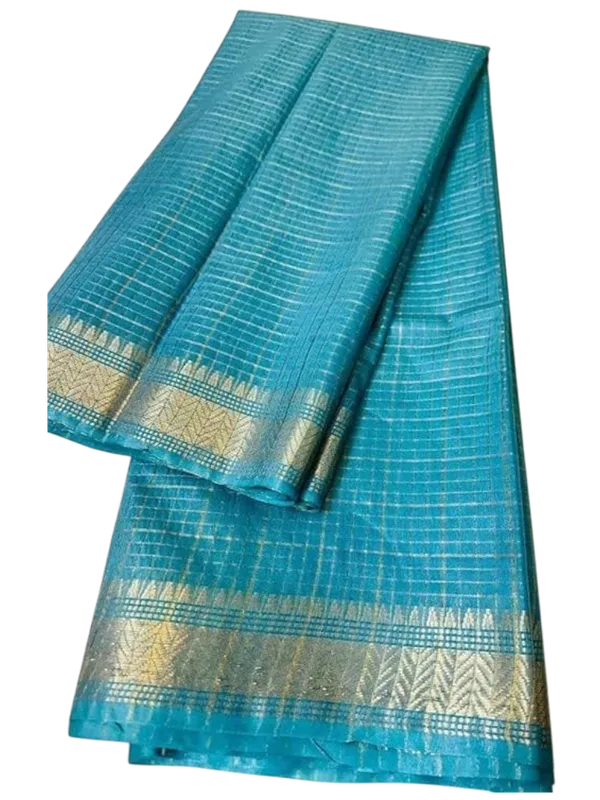 Women's_Bhagalpuri_Handwoven_Mini_Checks_Semi_Tussar_Soft_Silk_Saree_With_Designer_Zari_Border_Weaving,_Unstitched_Running_Blouse_Piece