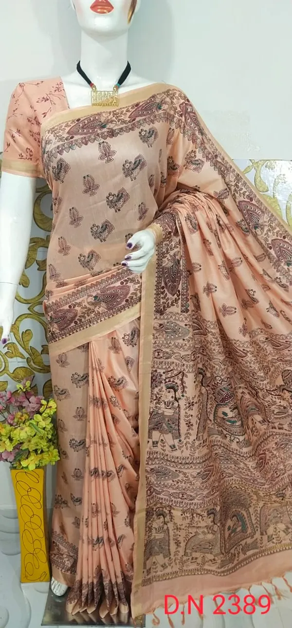 Women's_Semi_Tussar_Silk_Madhubani_Print_Saree_With_Running_Blouse_Piece